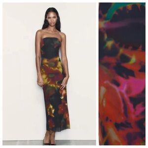 NWT. Zara Tulle Printed Fitted Midi Dress. Size L.